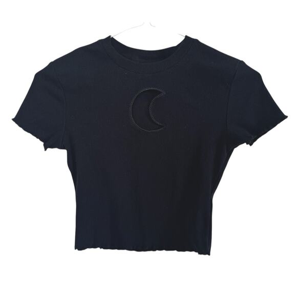 Y2K ALAB Katrina Moon Cutout Black Crop Top Ruffled Hems Whimsical Gothic Sz XS - Picture 2 of 7